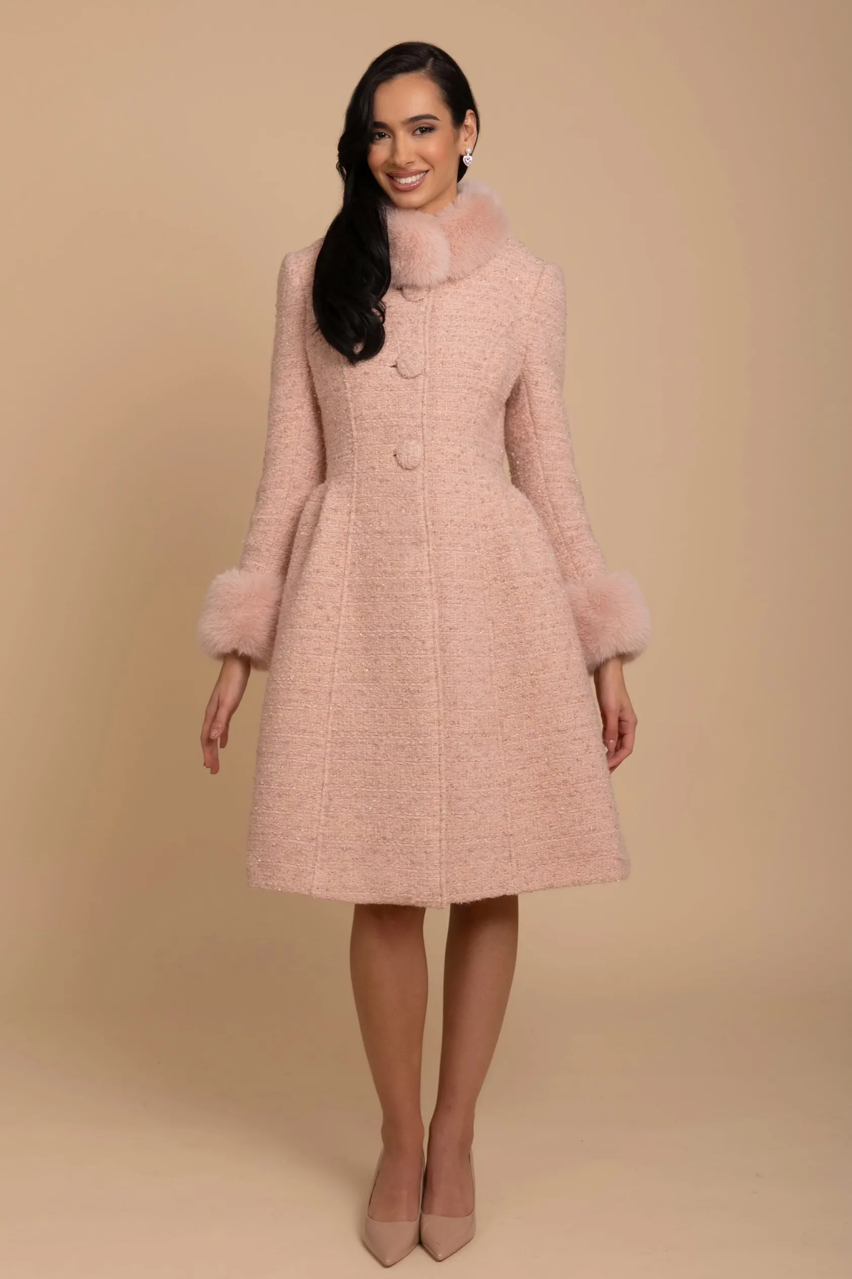 'Starlet' Wool Tweed Dress Coat with Faux Fur in Rosa