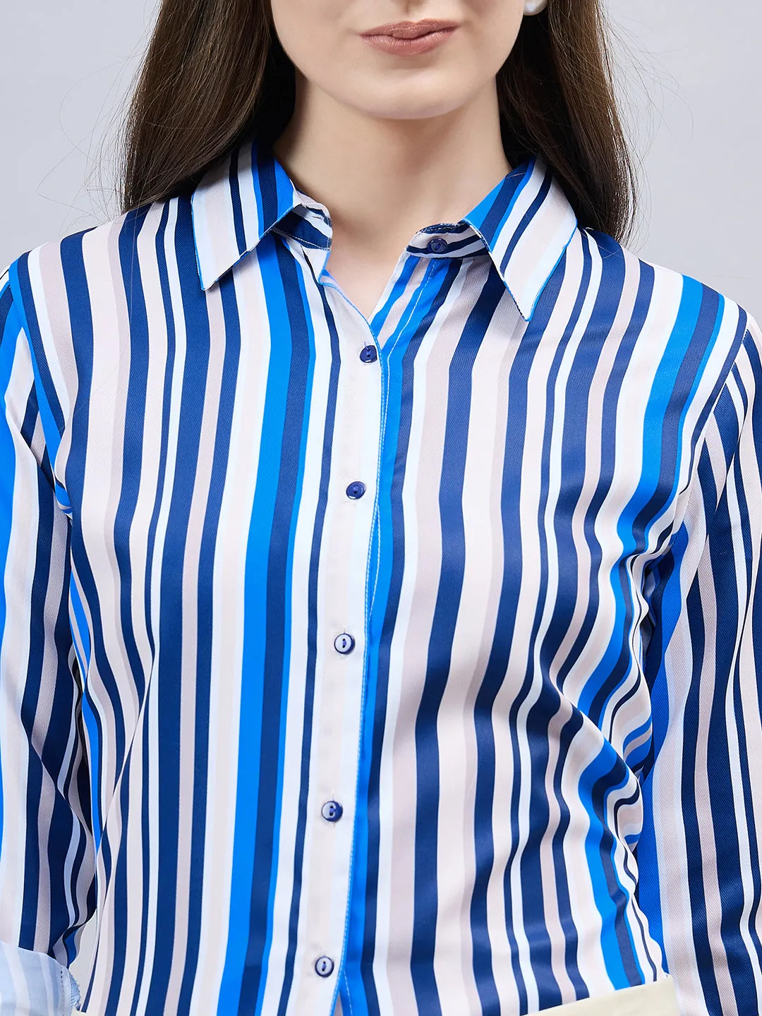 Style Quotient Women Blue And Multi Stripe Printed Polyester Regular Fit Formal Shirt