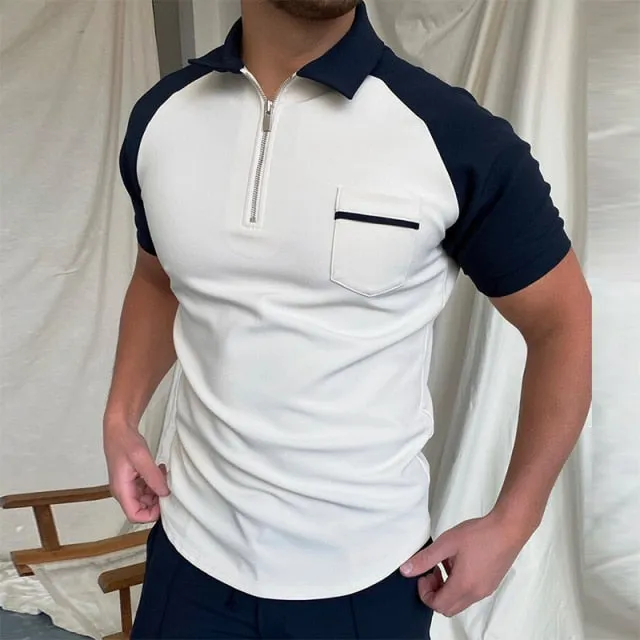 Summer Fashion Patchwork Men Polo Shirts Casual Turn-down Collar Zipper Design Short Sleeve Tops Harajuku Mens' Streetwear