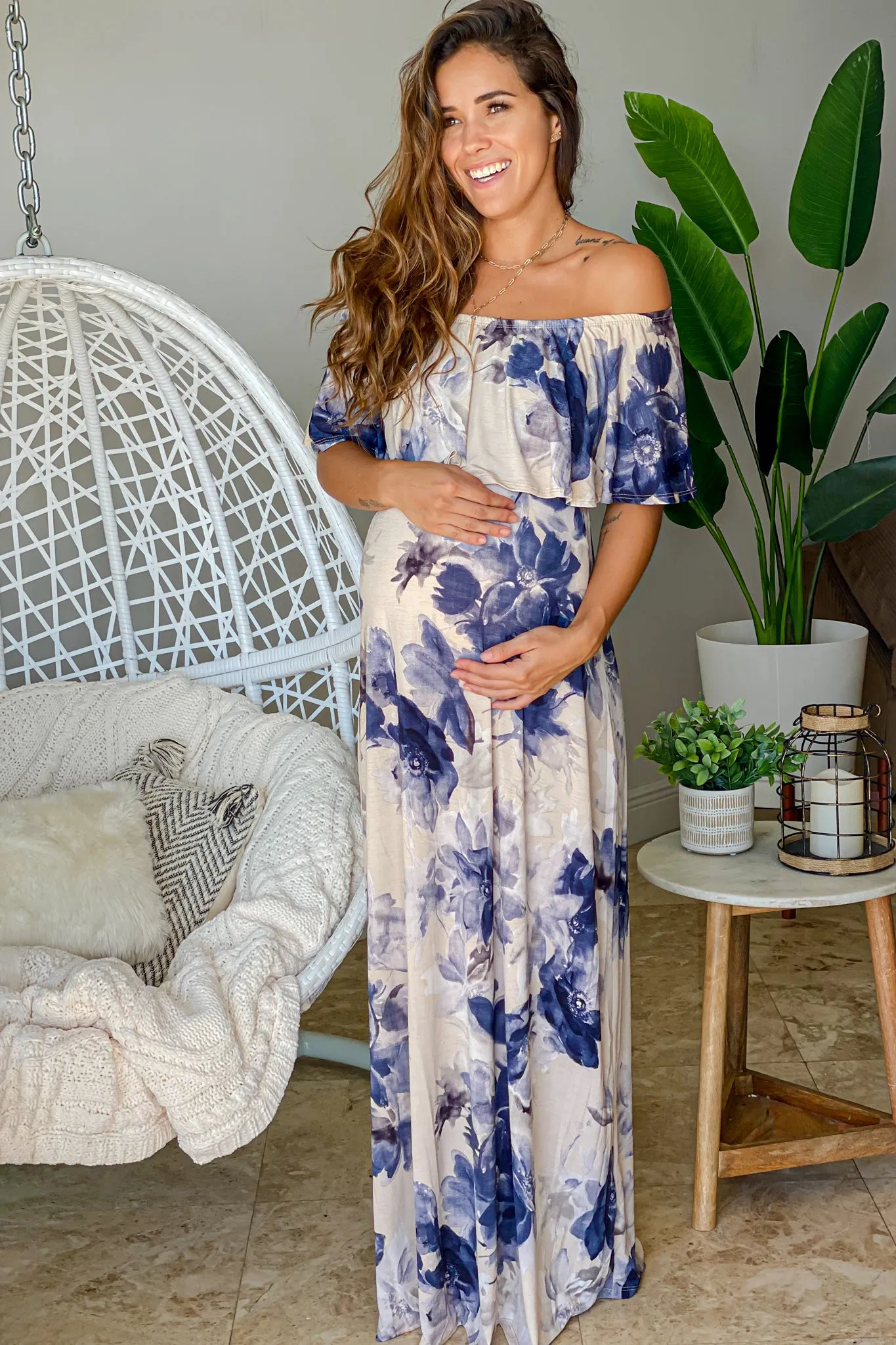 Taupe and Navy Off Shoulder Maternity Maxi Dress