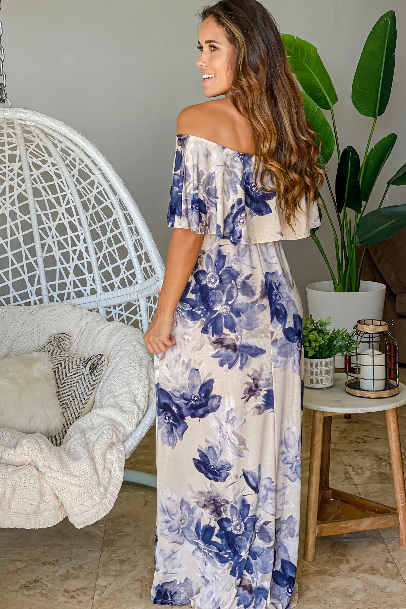 Taupe and Navy Off Shoulder Maternity Maxi Dress