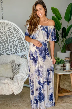 Taupe and Navy Off Shoulder Maternity Maxi Dress