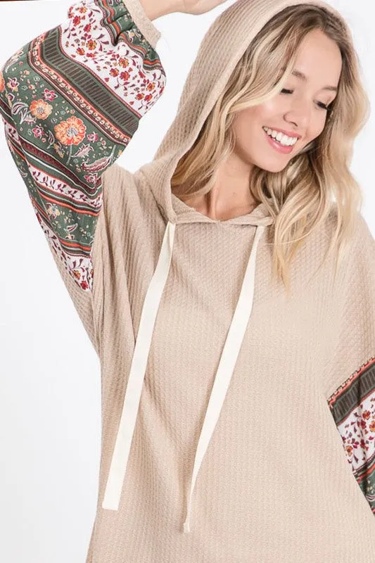 Taupe Boho Print Sleeve Thermal Waffle Hoodie Shirt Casual Womens