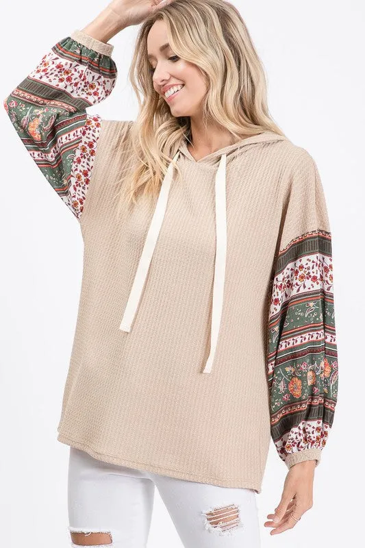 Taupe Boho Print Sleeve Thermal Waffle Hoodie Shirt Casual Womens