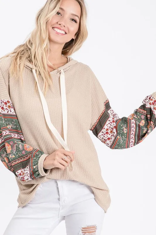 Taupe Boho Print Sleeve Thermal Waffle Hoodie Shirt Casual Womens