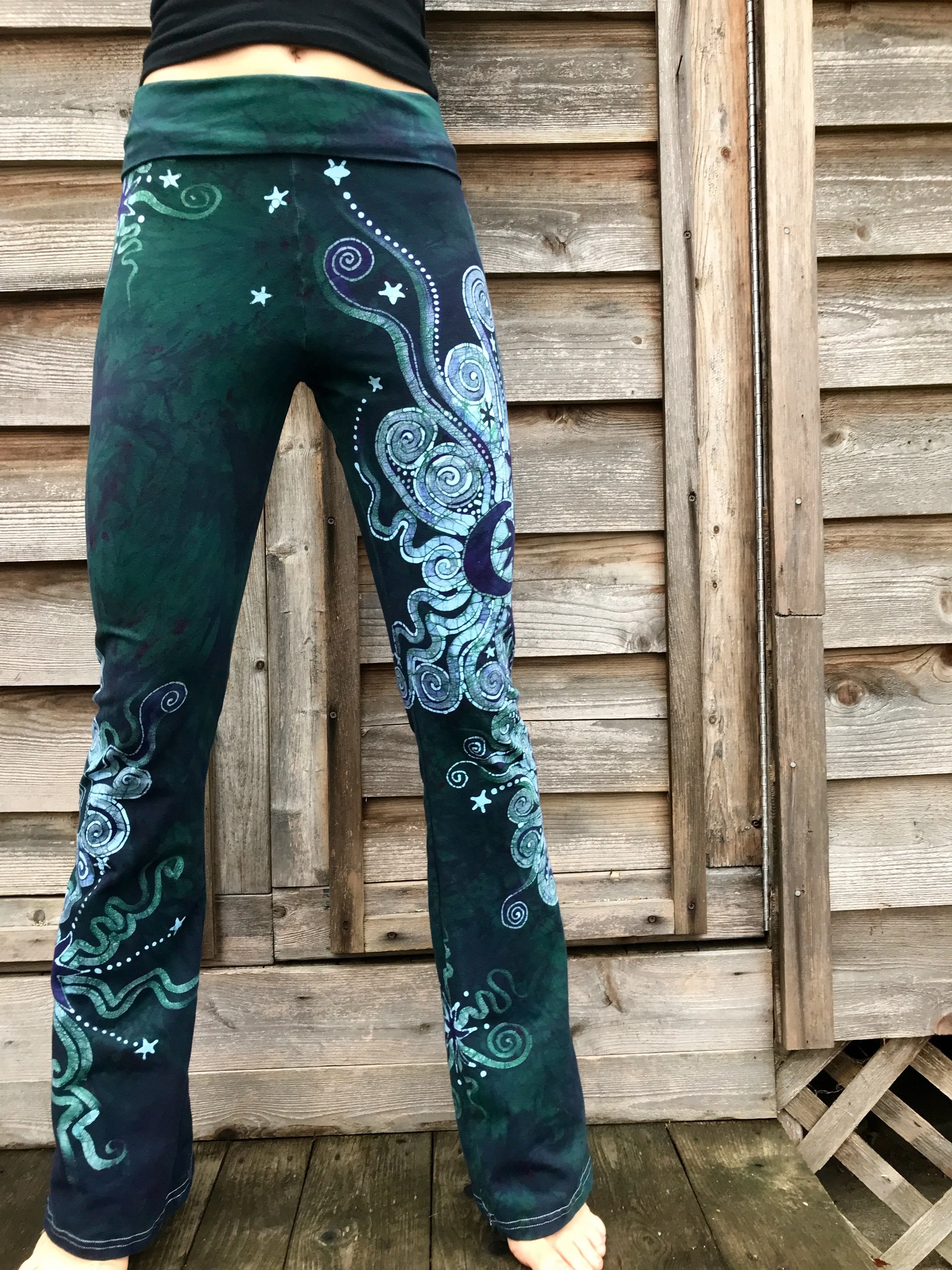 Teal Moon and Twinkling Stars Handmade Batikwalla Stretchy Movement Pants