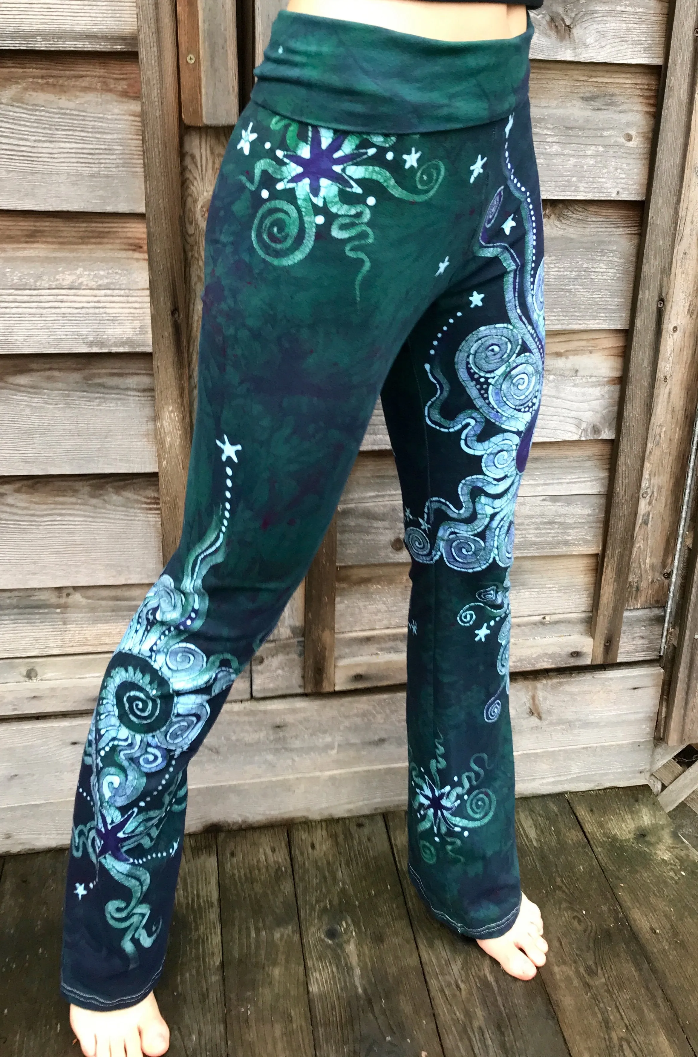 Teal Moon and Twinkling Stars Handmade Batikwalla Stretchy Movement Pants