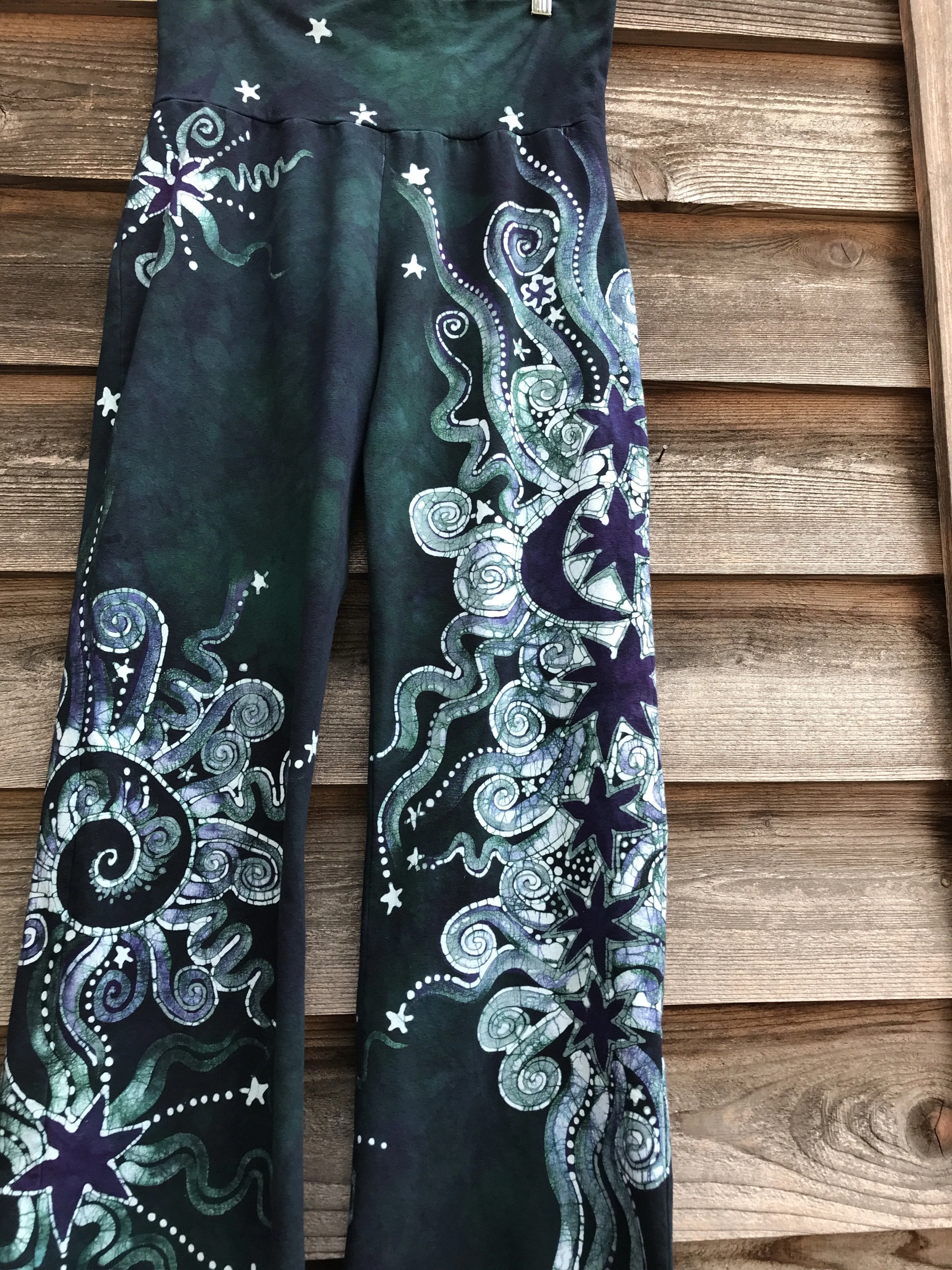 Teal Moon and Twinkling Stars Handmade Batikwalla Stretchy Movement Pants