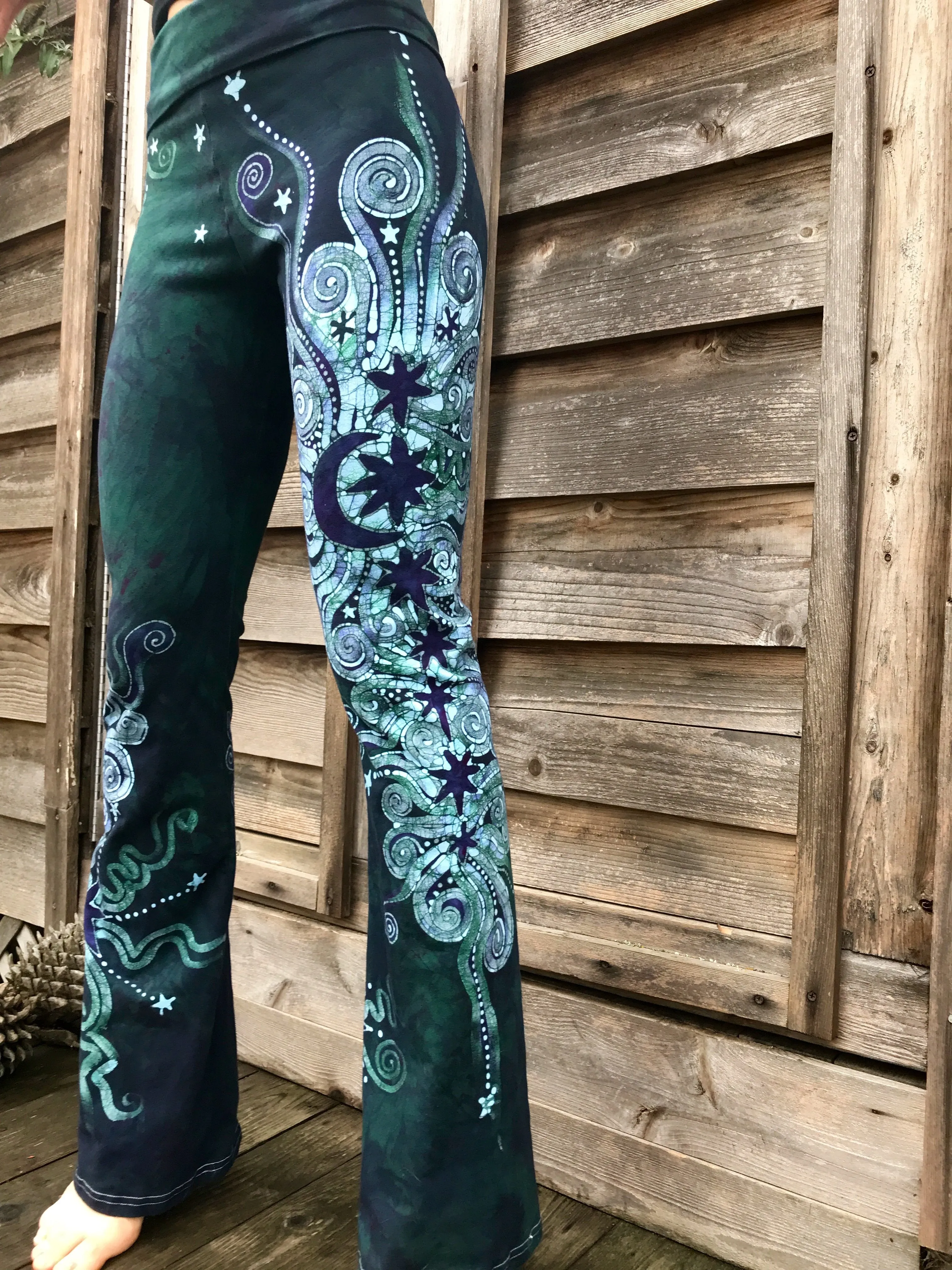 Teal Moon and Twinkling Stars Handmade Batikwalla Stretchy Movement Pants