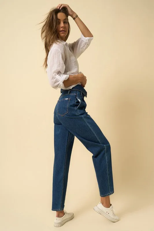 TEEK - DARK HIGH RISE FLAP WAISTED RELAXED JEANS