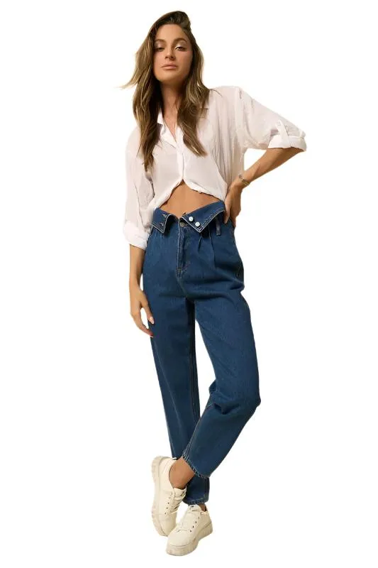 TEEK - DARK HIGH RISE FLAP WAISTED RELAXED JEANS