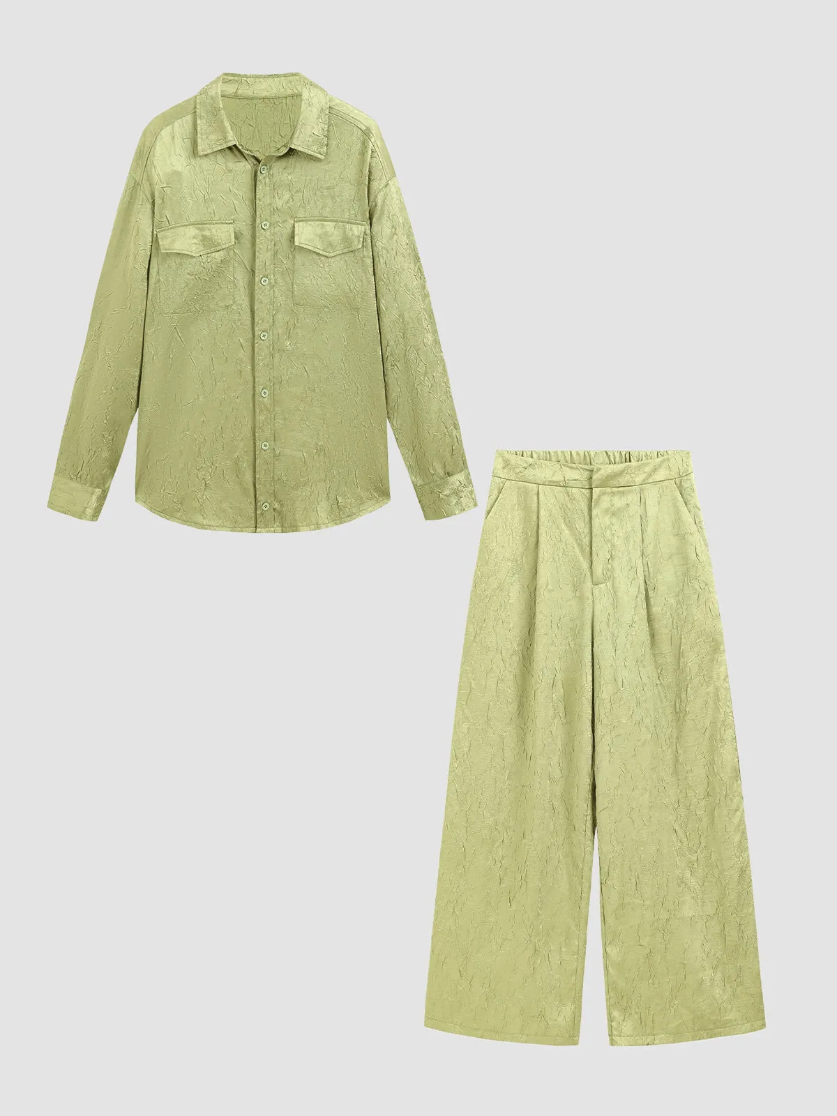 Textured Satin Patch Pocket Oversize Shirt & Wide Leg Pants 2 Pieces Set