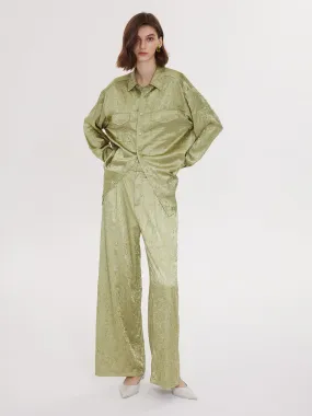 Textured Satin Patch Pocket Oversize Shirt & Wide Leg Pants 2 Pieces Set