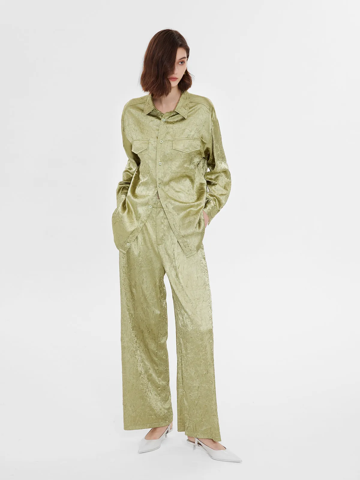 Textured Satin Patch Pocket Oversize Shirt & Wide Leg Pants 2 Pieces Set