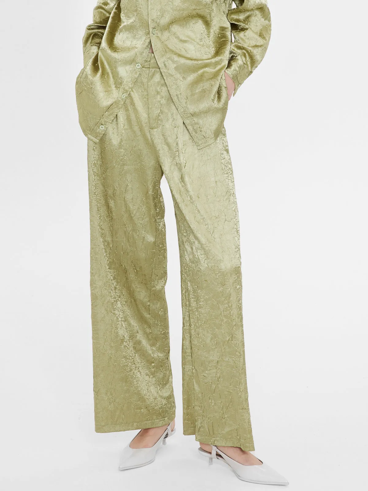 Textured Satin Pleated Wide Leg Pants