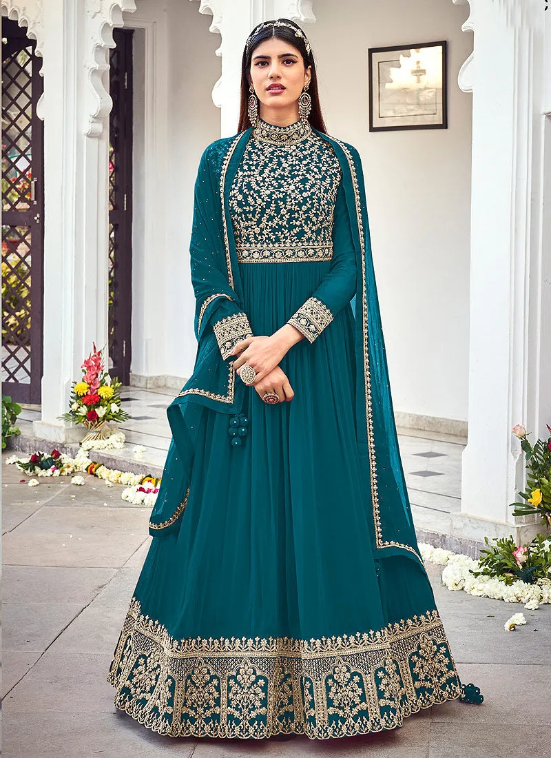 Turquoise Golden Traditional Embroidered Designer Anarkali Gown