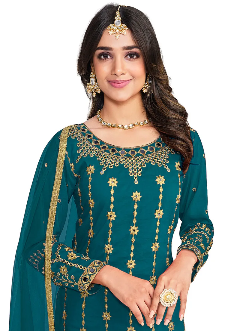 Turquoise Mirror Work Embroidery Festive Salwar Kameez