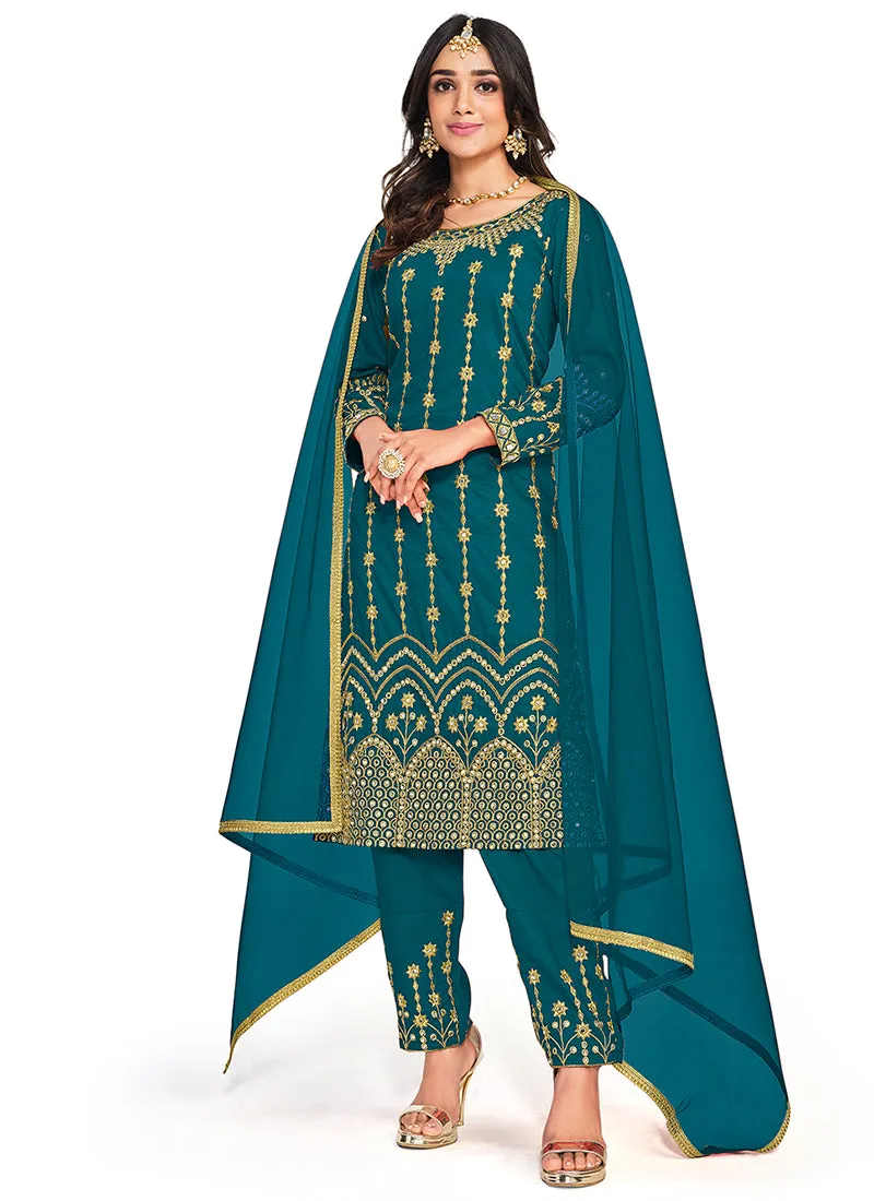 Turquoise Mirror Work Embroidery Festive Salwar Kameez