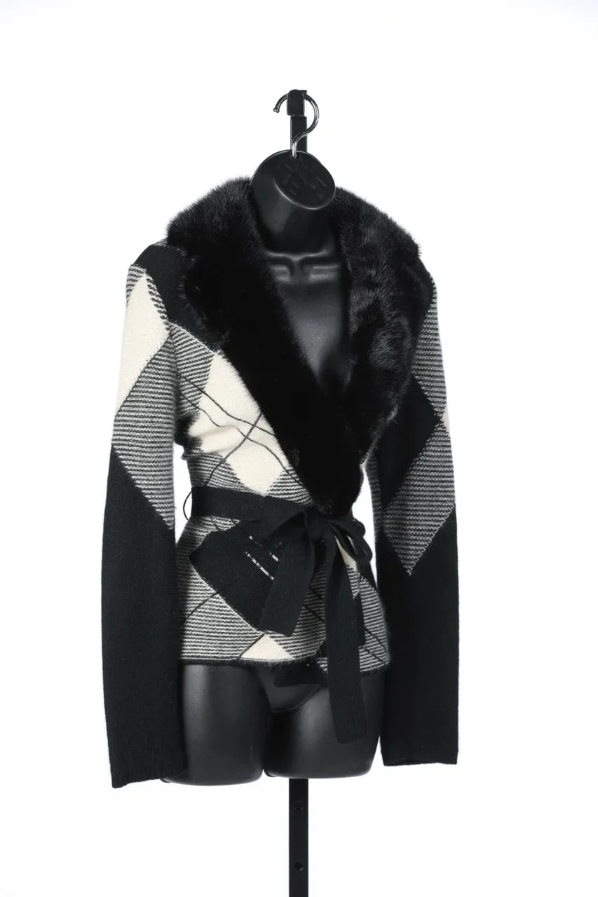 Valentino Black & White Plaid Fur Collar Tie Waist Sweater Jacket w Sequin Details