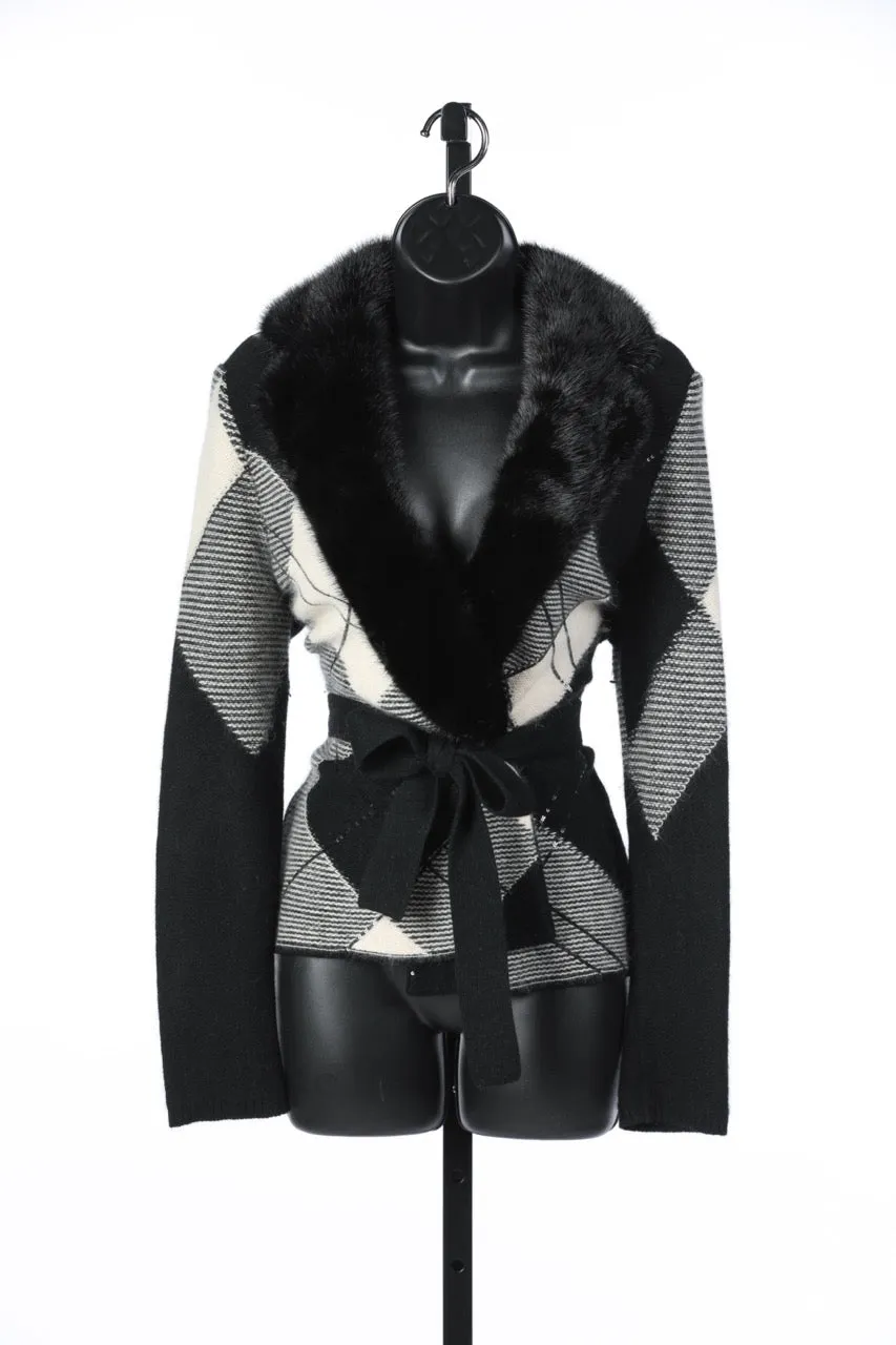 Valentino Black & White Plaid Fur Collar Tie Waist Sweater Jacket w Sequin Details