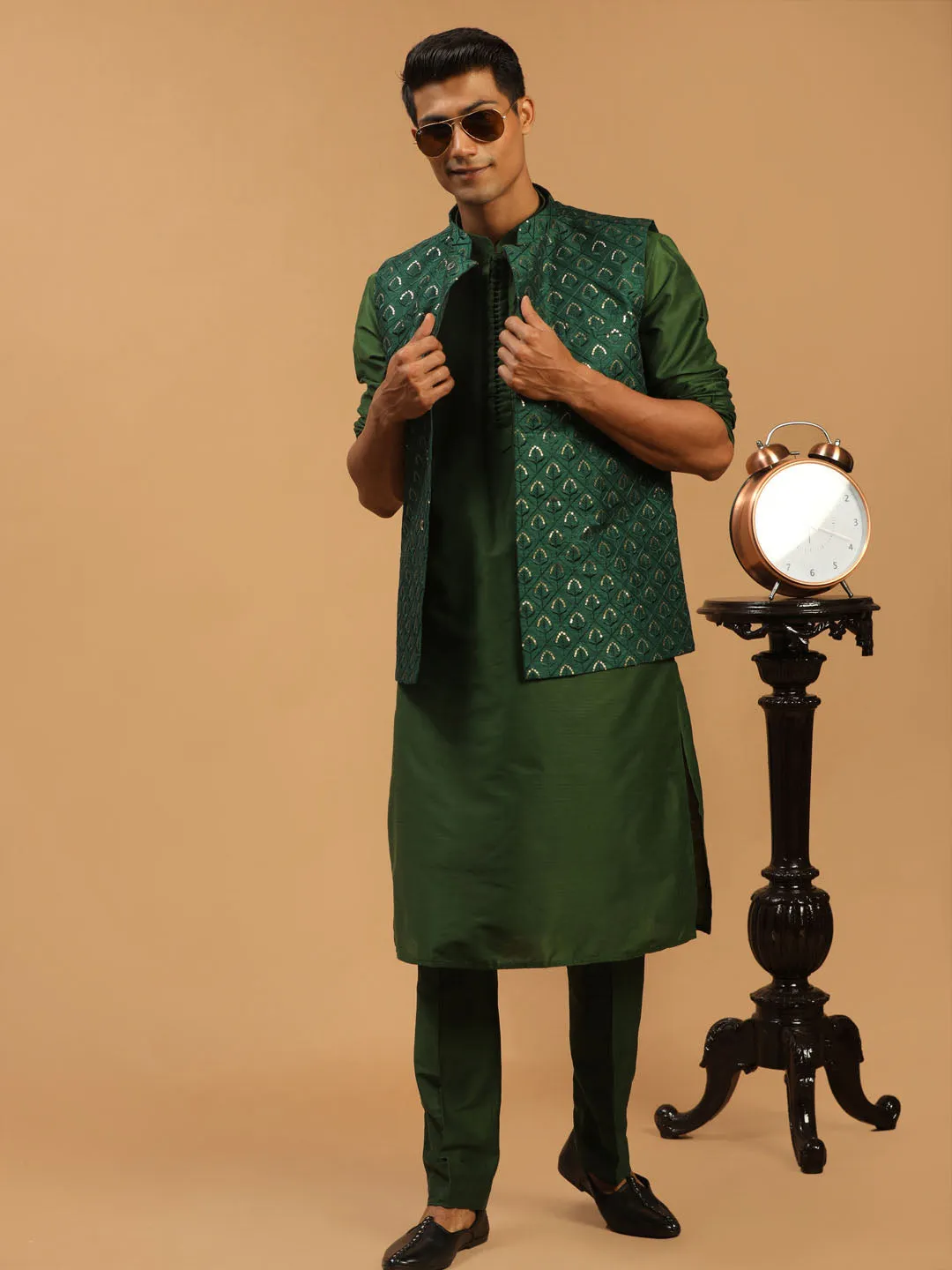 Vastramay Green Embellished Jacket and Kurta Set