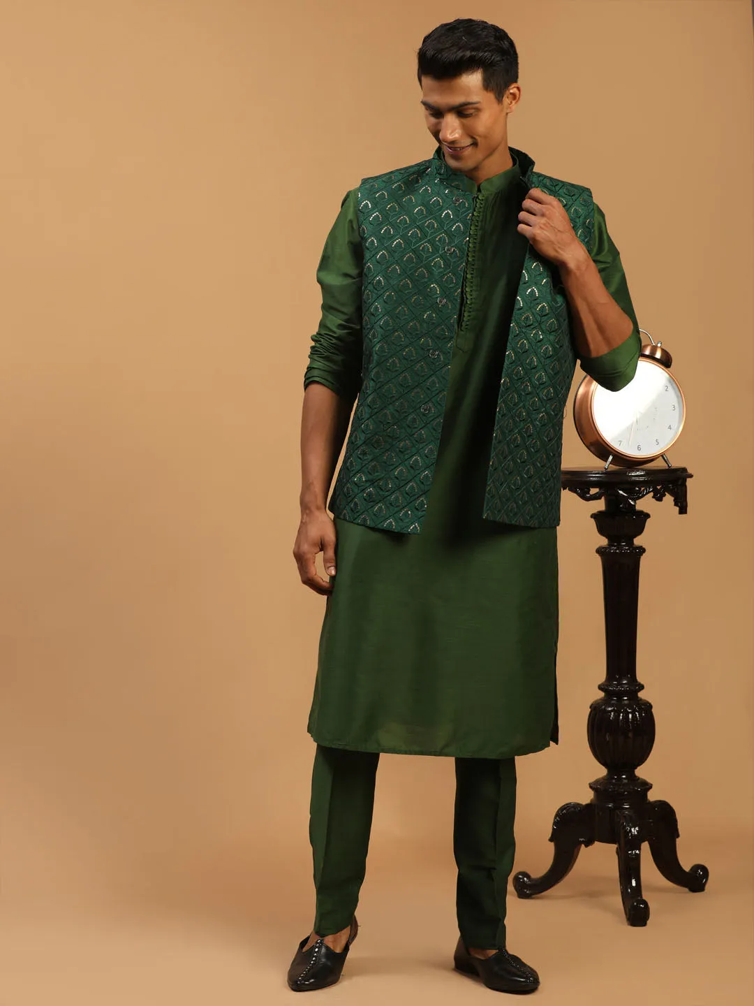 Vastramay Green Embellished Jacket and Kurta Set