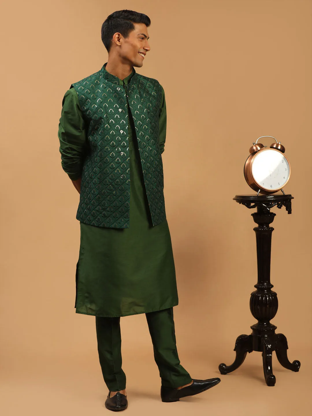 Vastramay Green Embellished Jacket and Kurta Set