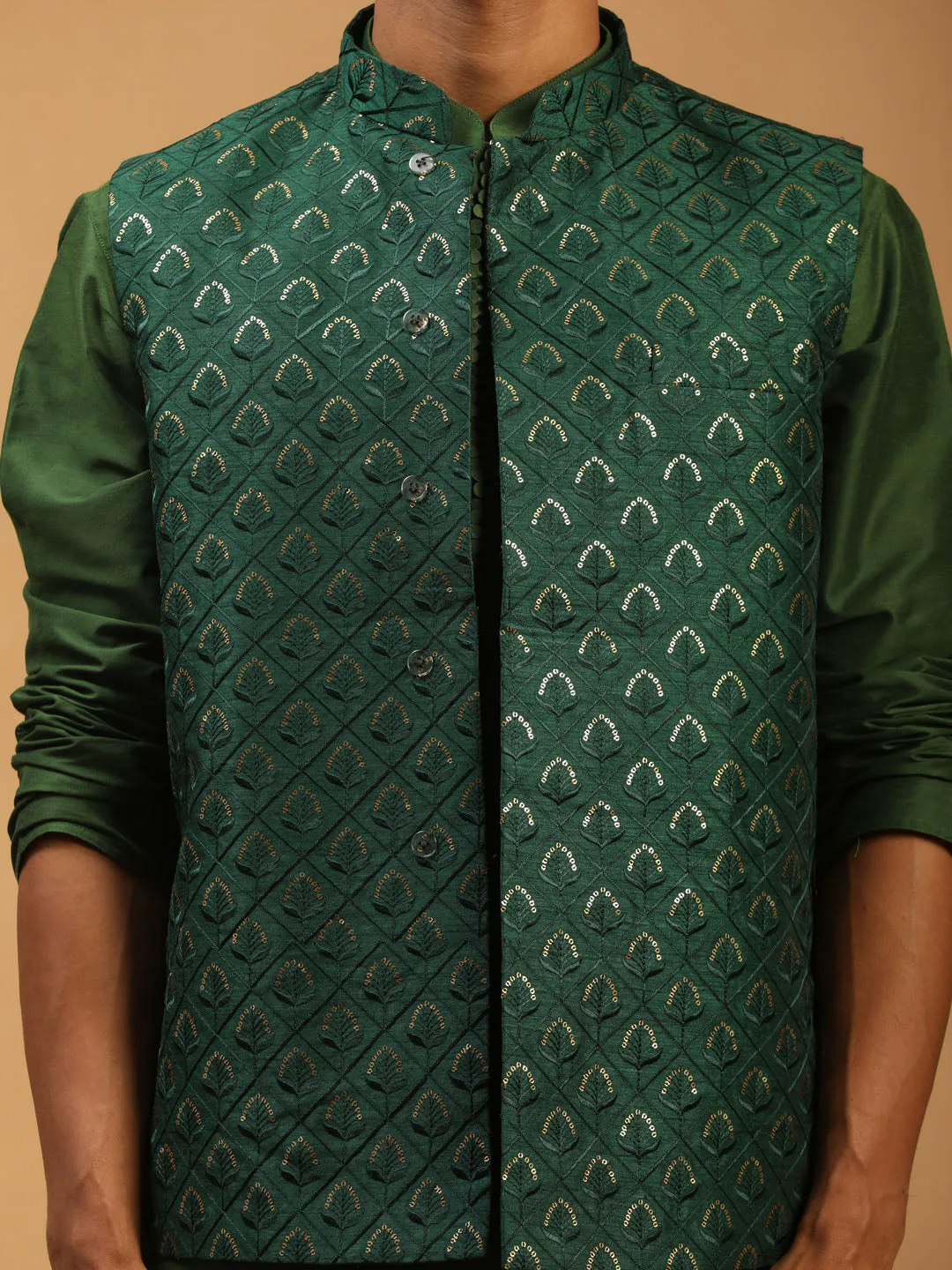 Vastramay Green Embellished Jacket and Kurta Set