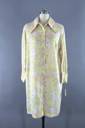 Vintage 1970s Shirt Dress / Pastel Yellow Abstract Print