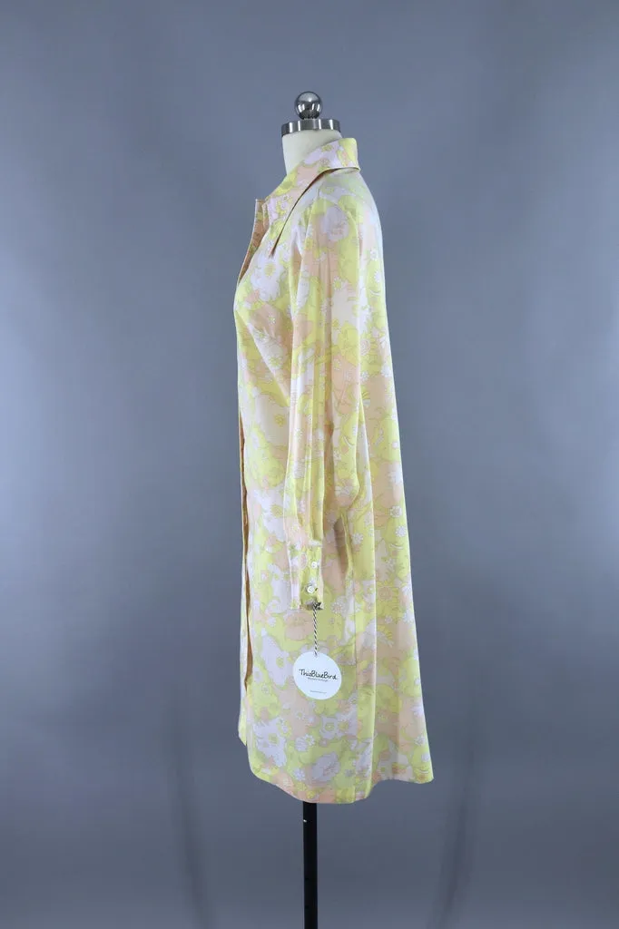 Vintage 1970s Shirt Dress / Pastel Yellow Abstract Print