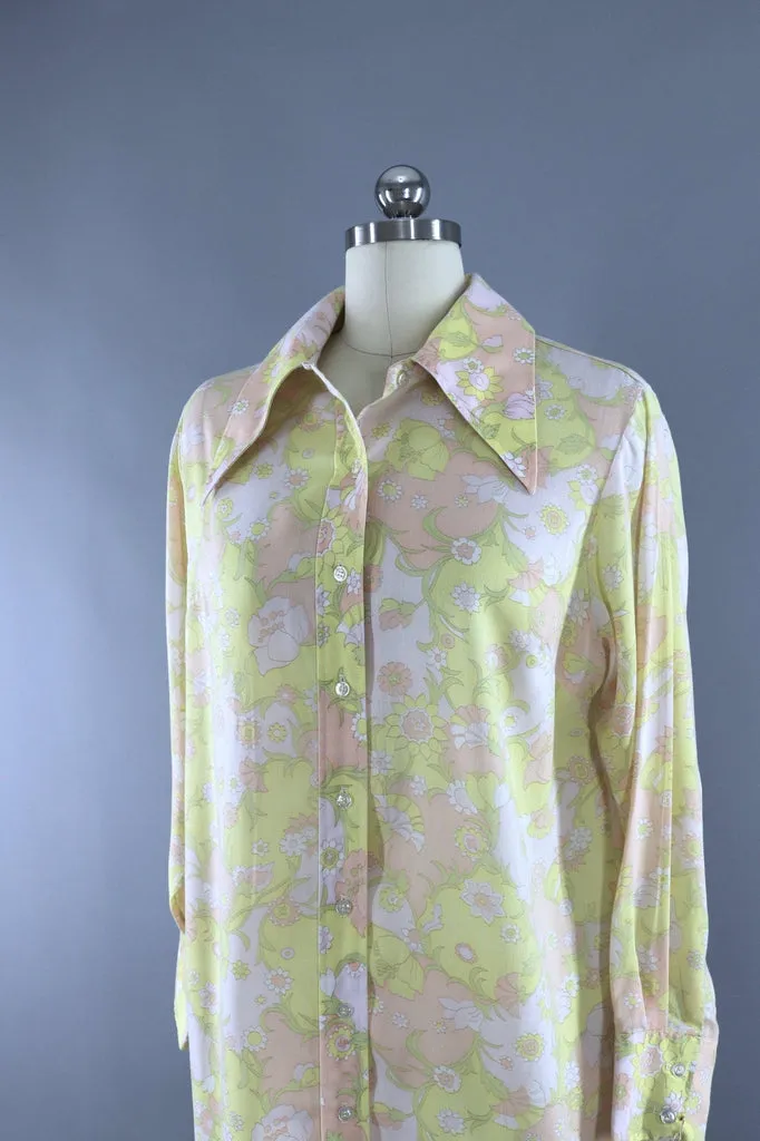 Vintage 1970s Shirt Dress / Pastel Yellow Abstract Print