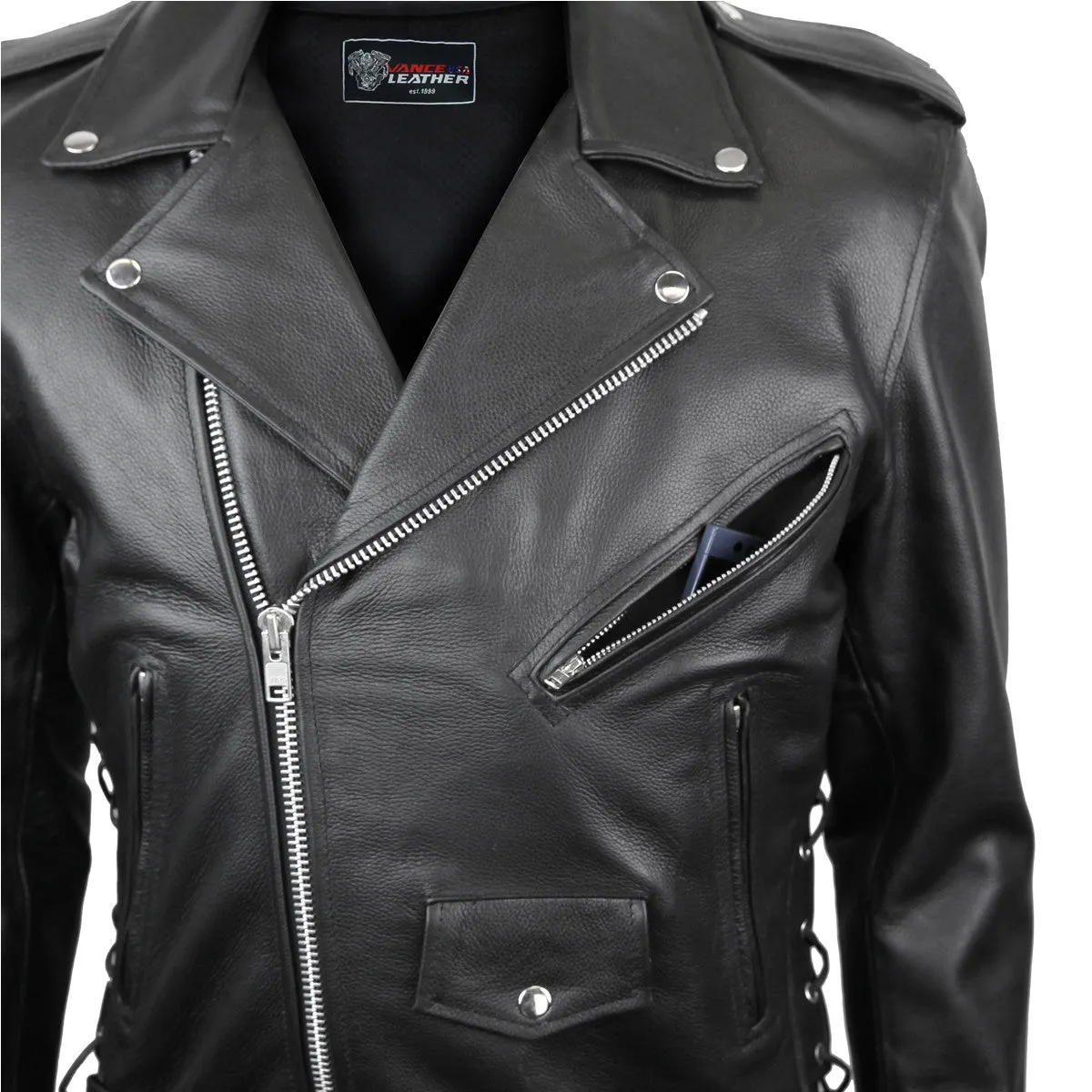 VL515 TG Men's Premium Leather Classic Motorcycle Jacket Lace Sides & Z/O Liner