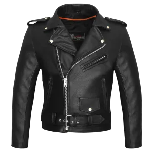 VL516 Men's Premium Leather Classic Motorcycle Jacket Plain Side w/ Belted Waist