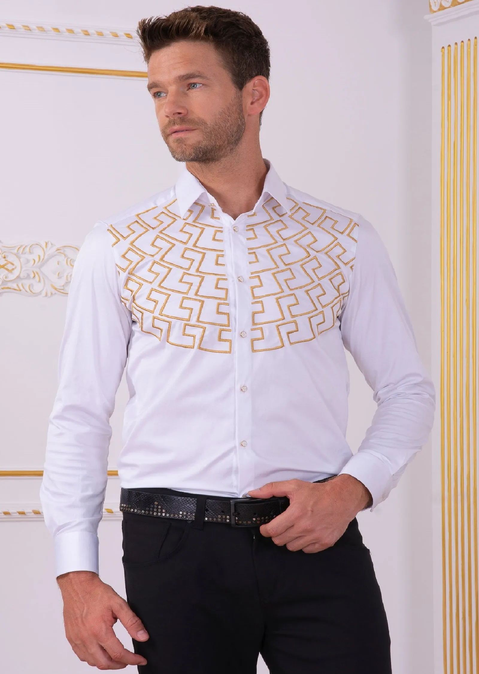 White Gold Meander Embroidery Shirt