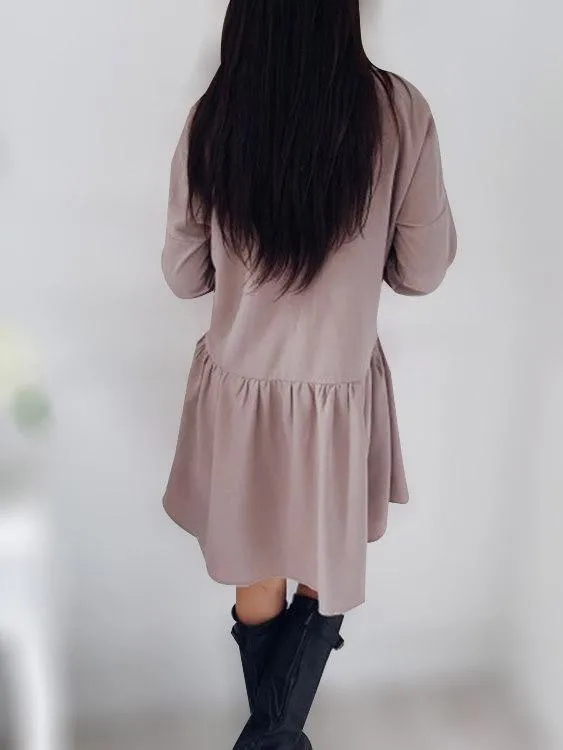 Wholesale Pink Classic Collar Long Sleeve Plain Side Pockets Flounced Hem Shirt Dresses