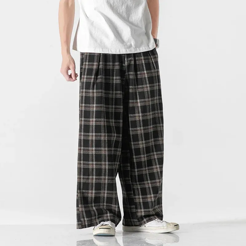 Wiaofellas - Spring Summer Chinese Traditional Dress Plus Size Straight Wide Pants Oversized Striped Plaid Casual Trousers Men Clothing