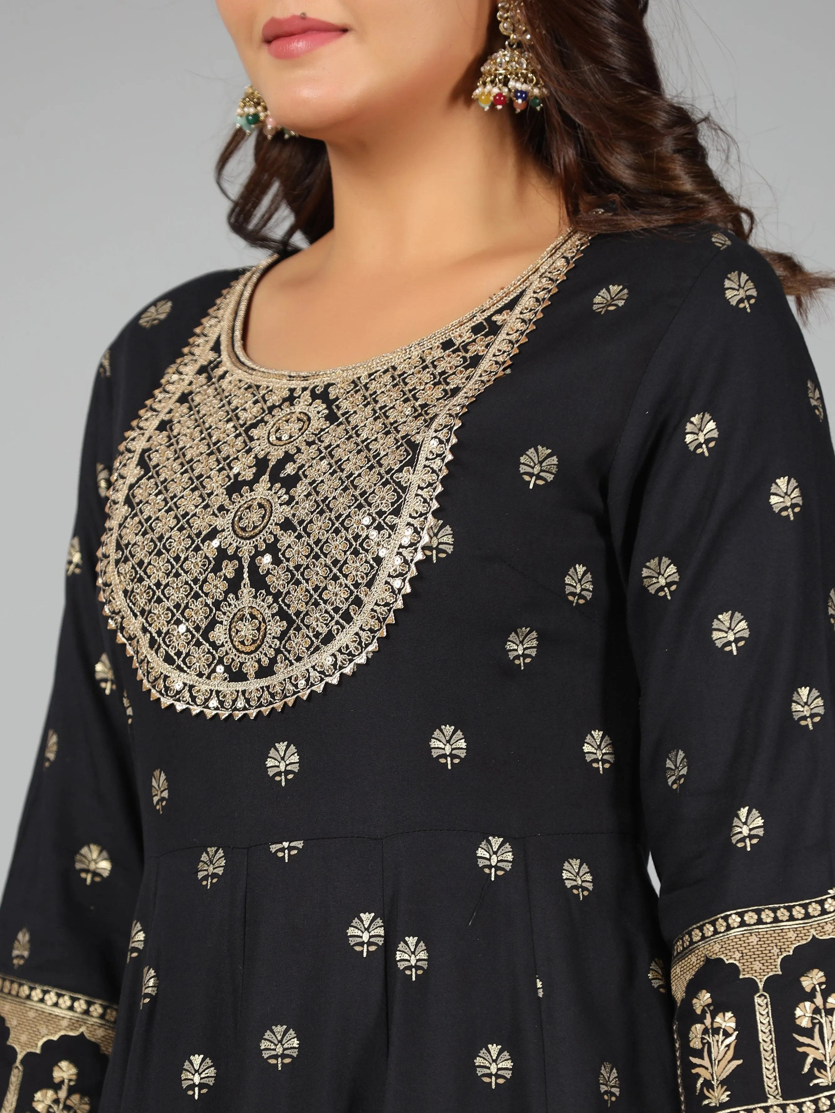 Women Black Rayon Printed With Embroidery Kurta, Pants & Dupatta Set