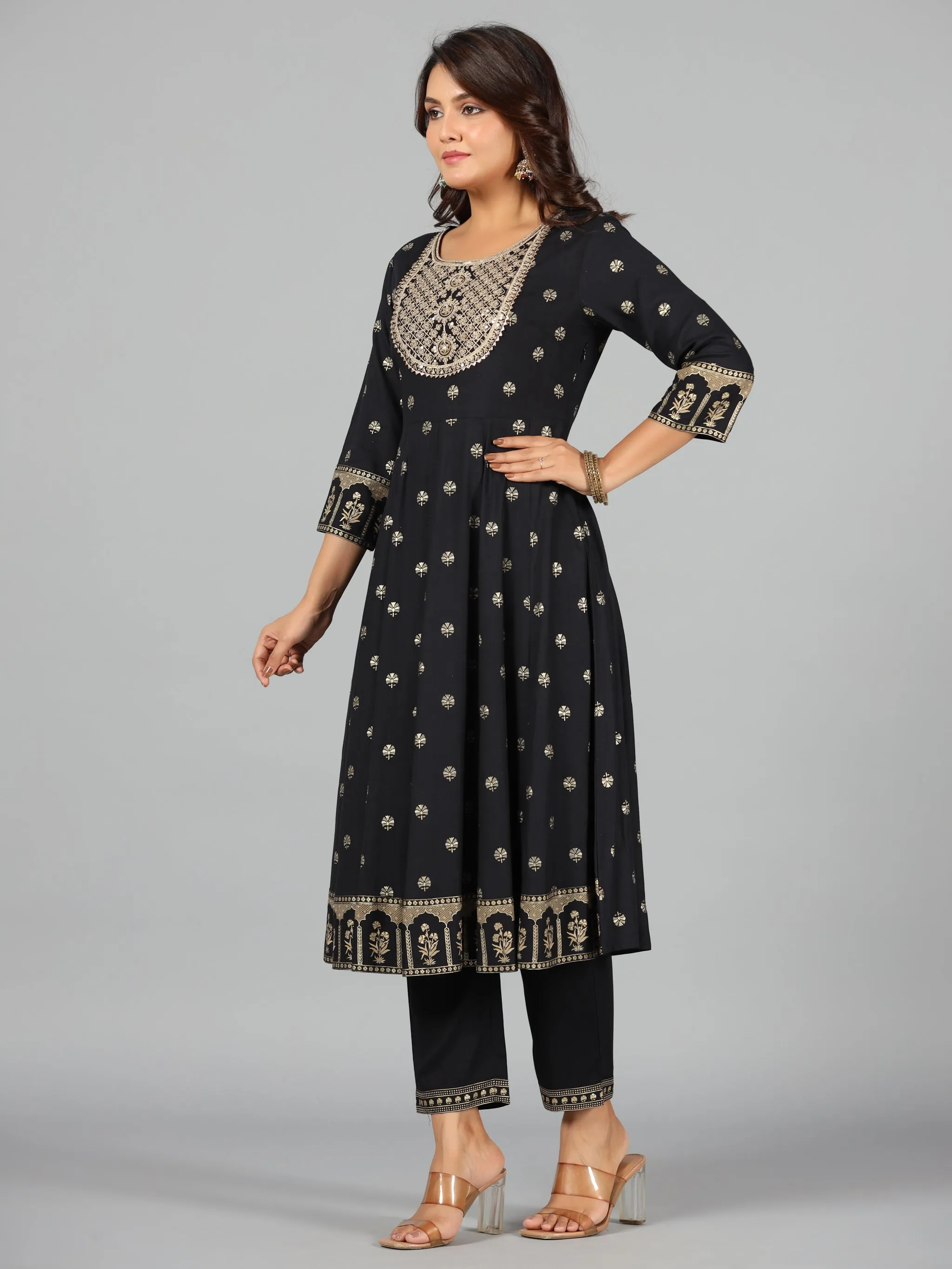 Women Black Rayon Printed With Embroidery Kurta, Pants & Dupatta Set