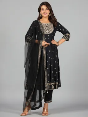 Women Black Rayon Printed With Embroidery Kurta, Pants & Dupatta Set