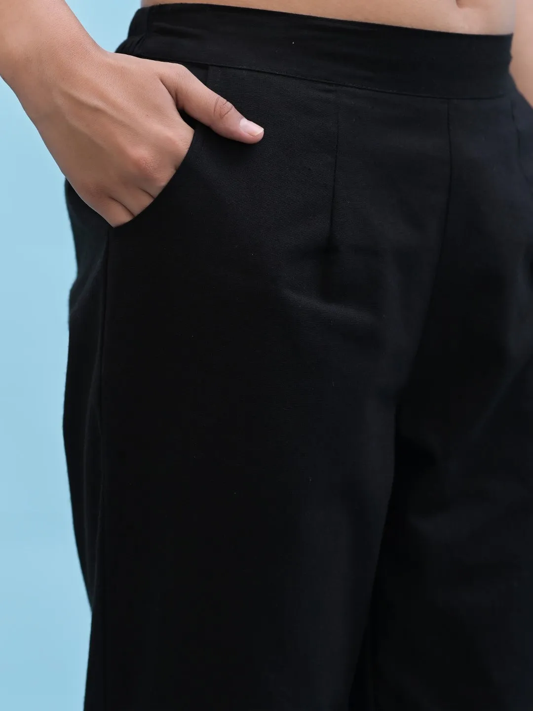 Women Black Solid Cotton Pants With Partially Elasticated Waistband And Two Side Pockets