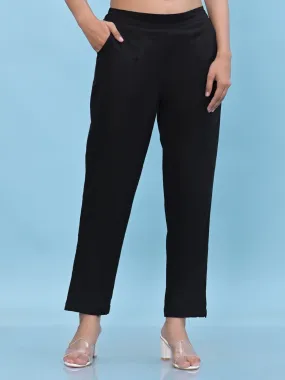 Women Black Solid Cotton Pants With Partially Elasticated Waistband And Two Side Pockets