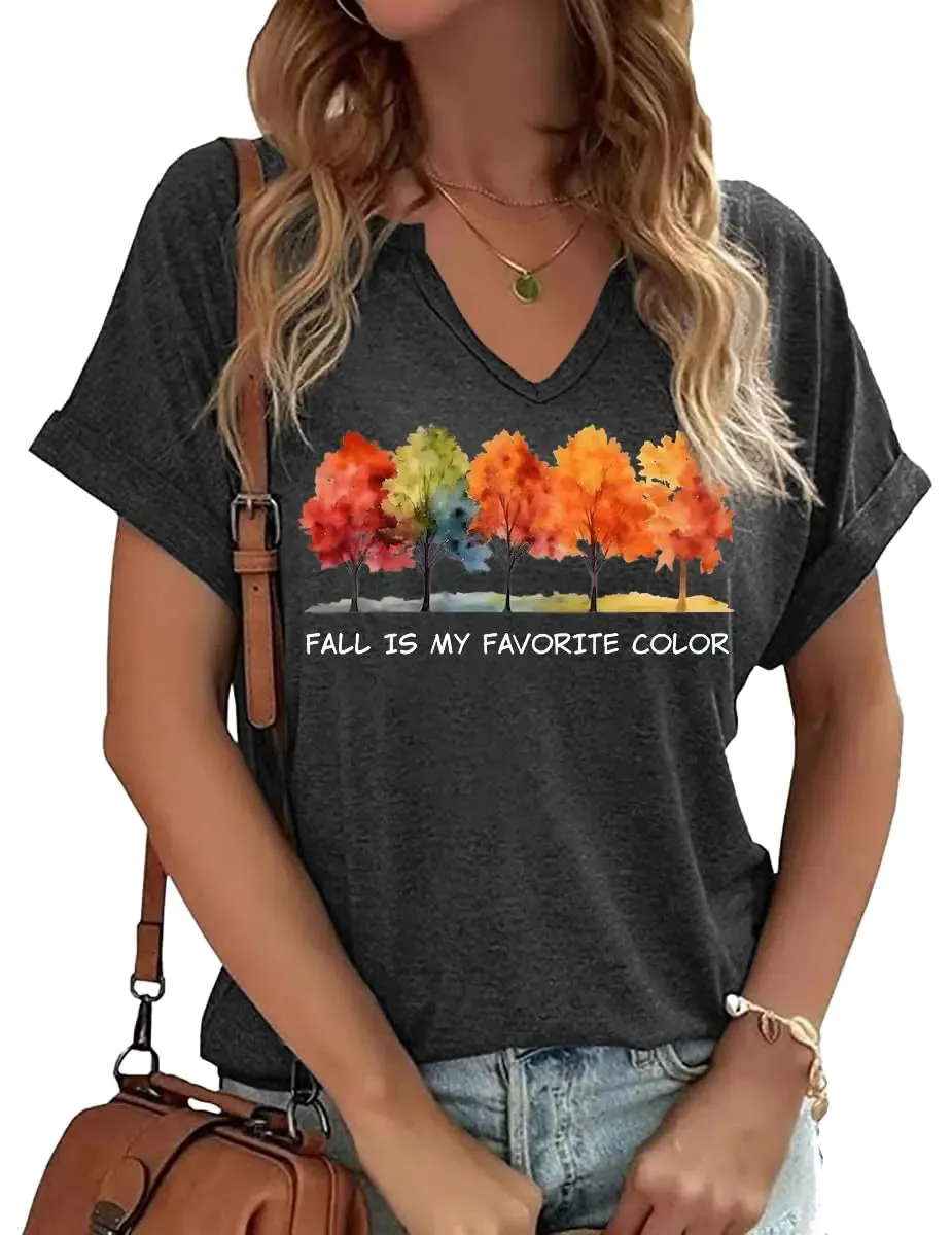 Women Fall Halloween Doodles V Neck Shirt Funny Family Party Celebration Short Sleeve Tee Pumpkin Graphic Thanksgiving Tops… H-grey-1 Small