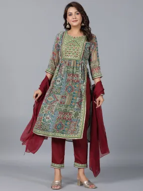 Women Green Chiffon Printed With Embroidery Kurta, Pants & Dupatta Set