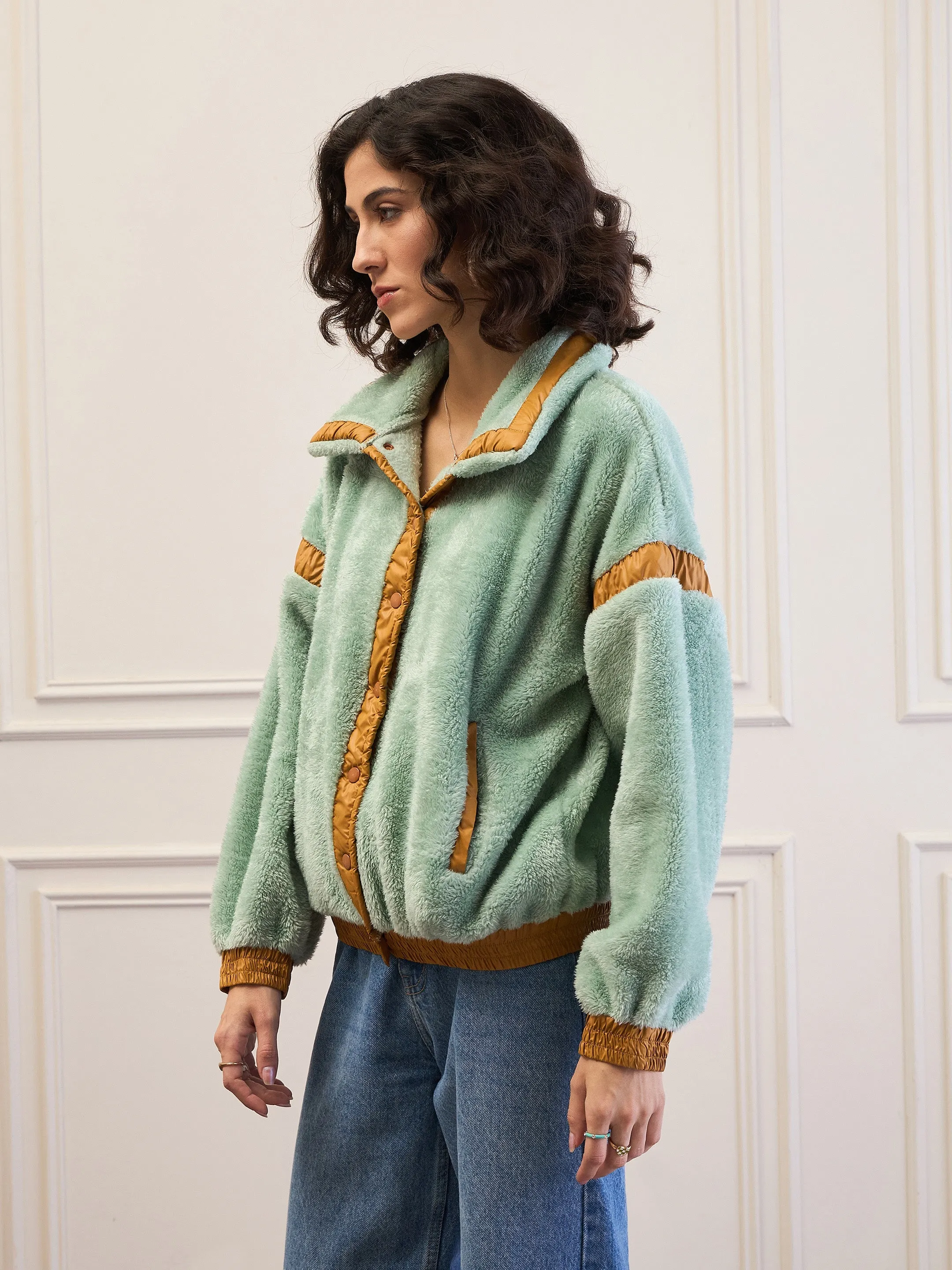 Women Green Fur Contrast Tape Detail Jacket