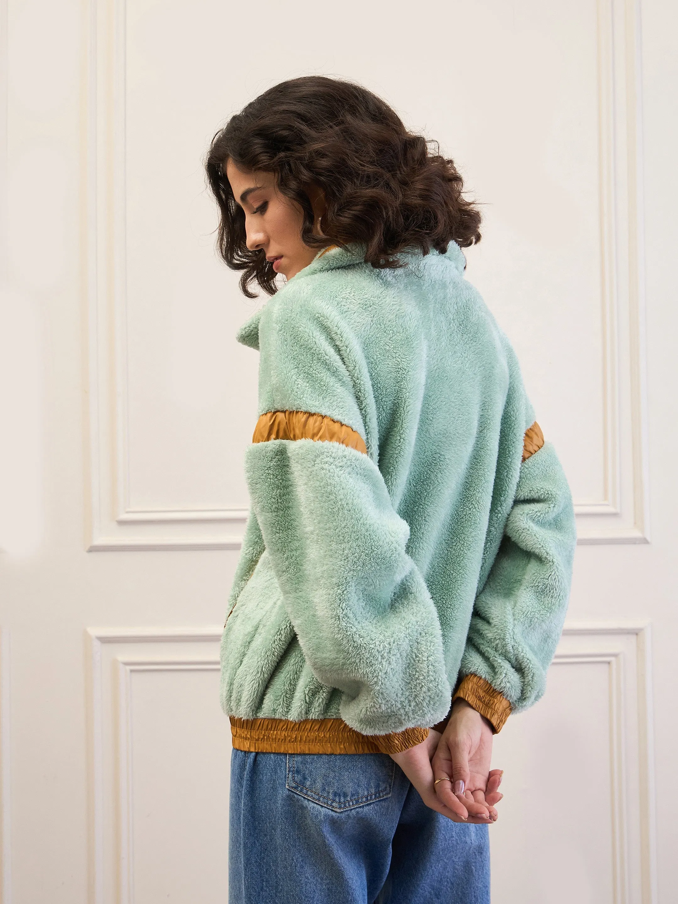 Women Green Fur Contrast Tape Detail Jacket