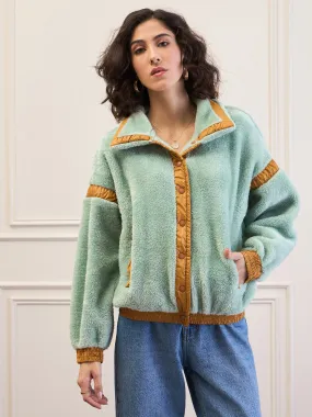 Women Green Fur Contrast Tape Detail Jacket