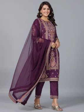 Women Purple Chanderi Printed Kurta Pants & Dupatta Set