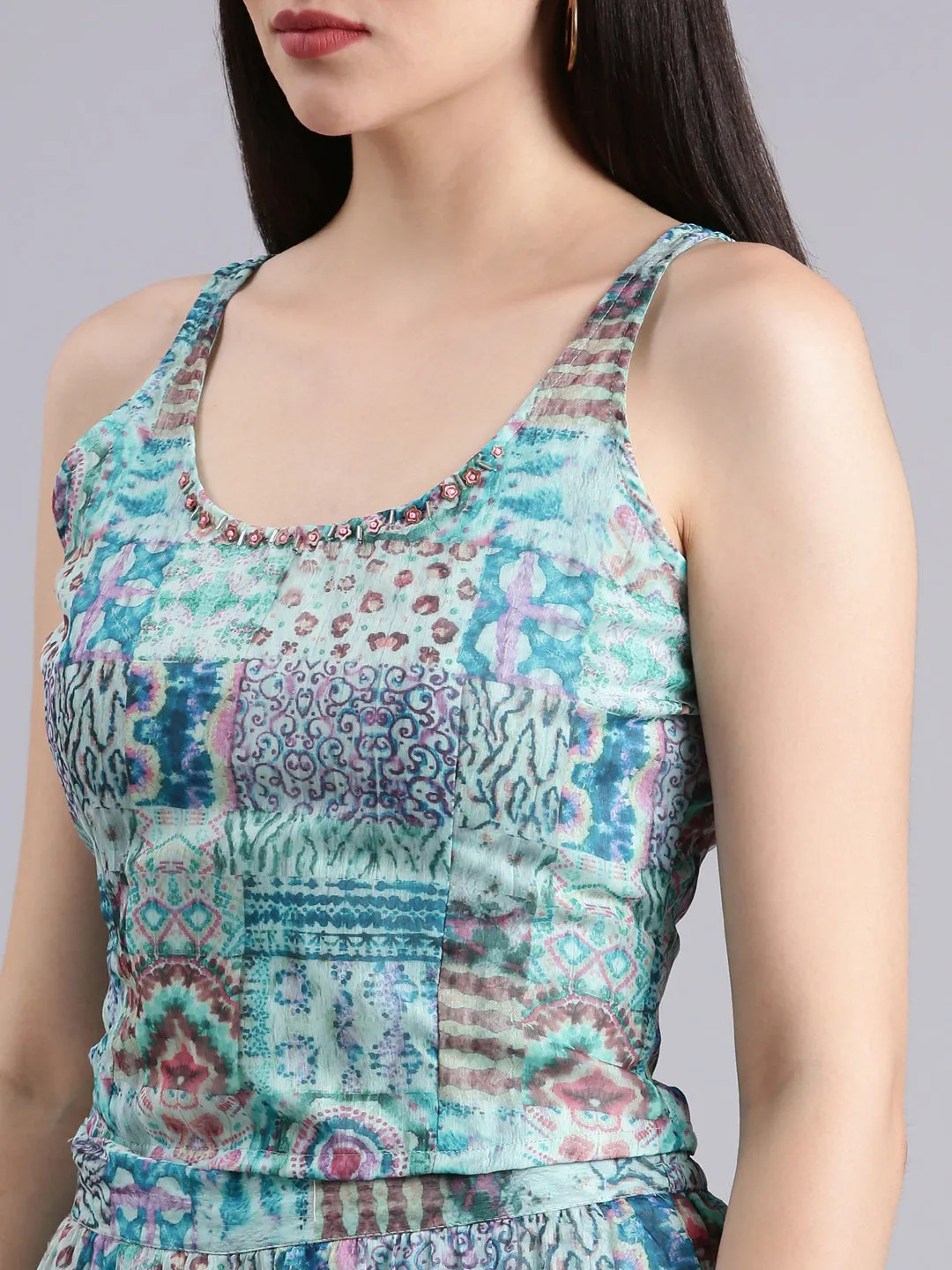 Women Sea Green Printed Co-Ords