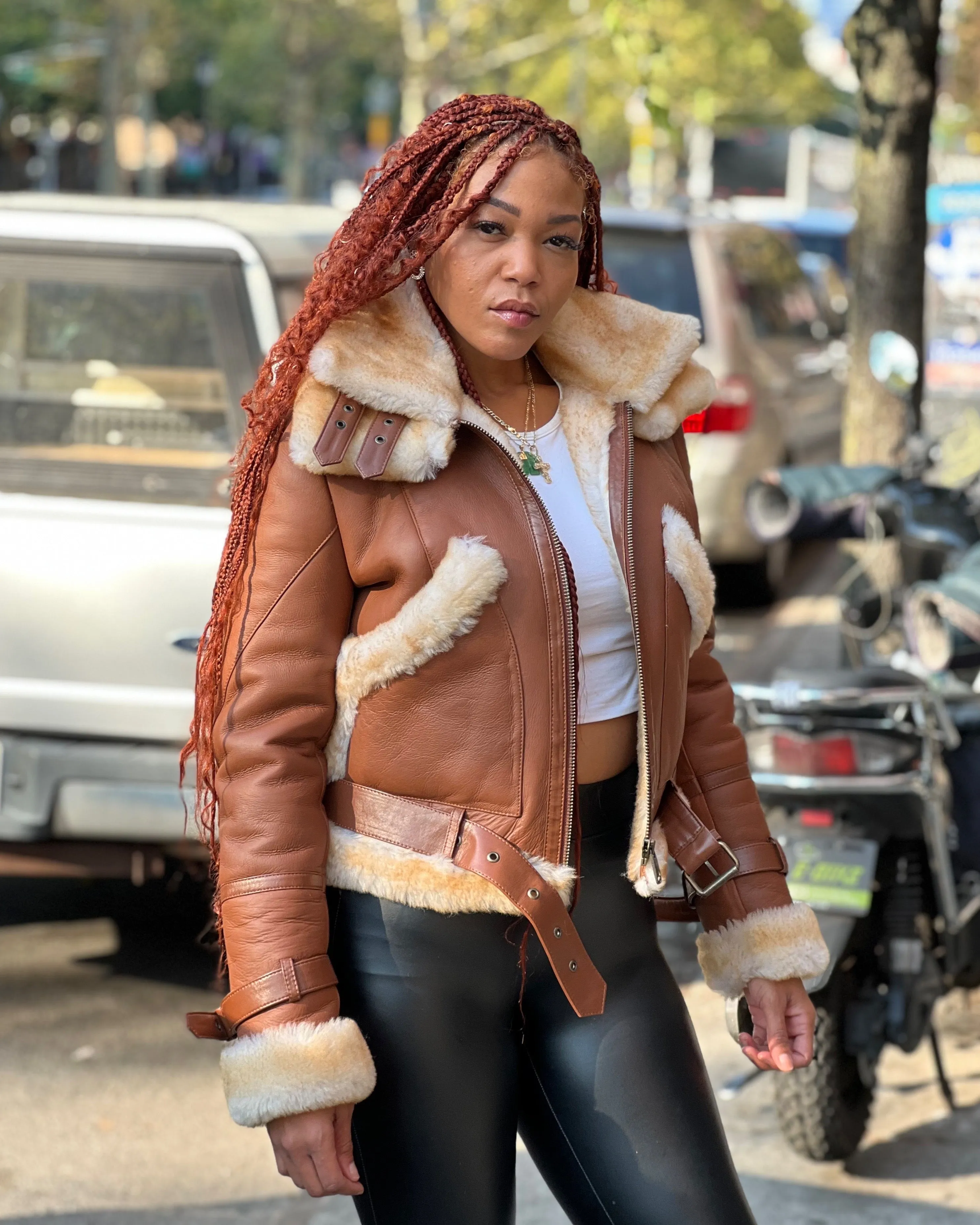 WOMEN SHEARLING- COGNAC DOUBLE COLLAR PILOT STYLE