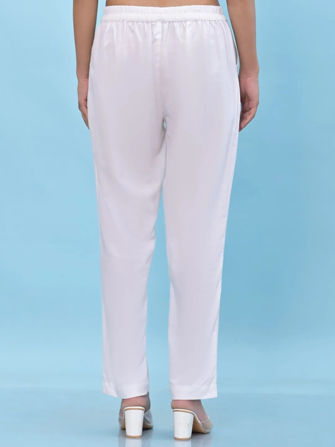 Women White Solid Cotton Pants With Partially Elasticated Waistband And Two Side Pockets